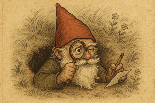 Gnome with spy glass to his eye.