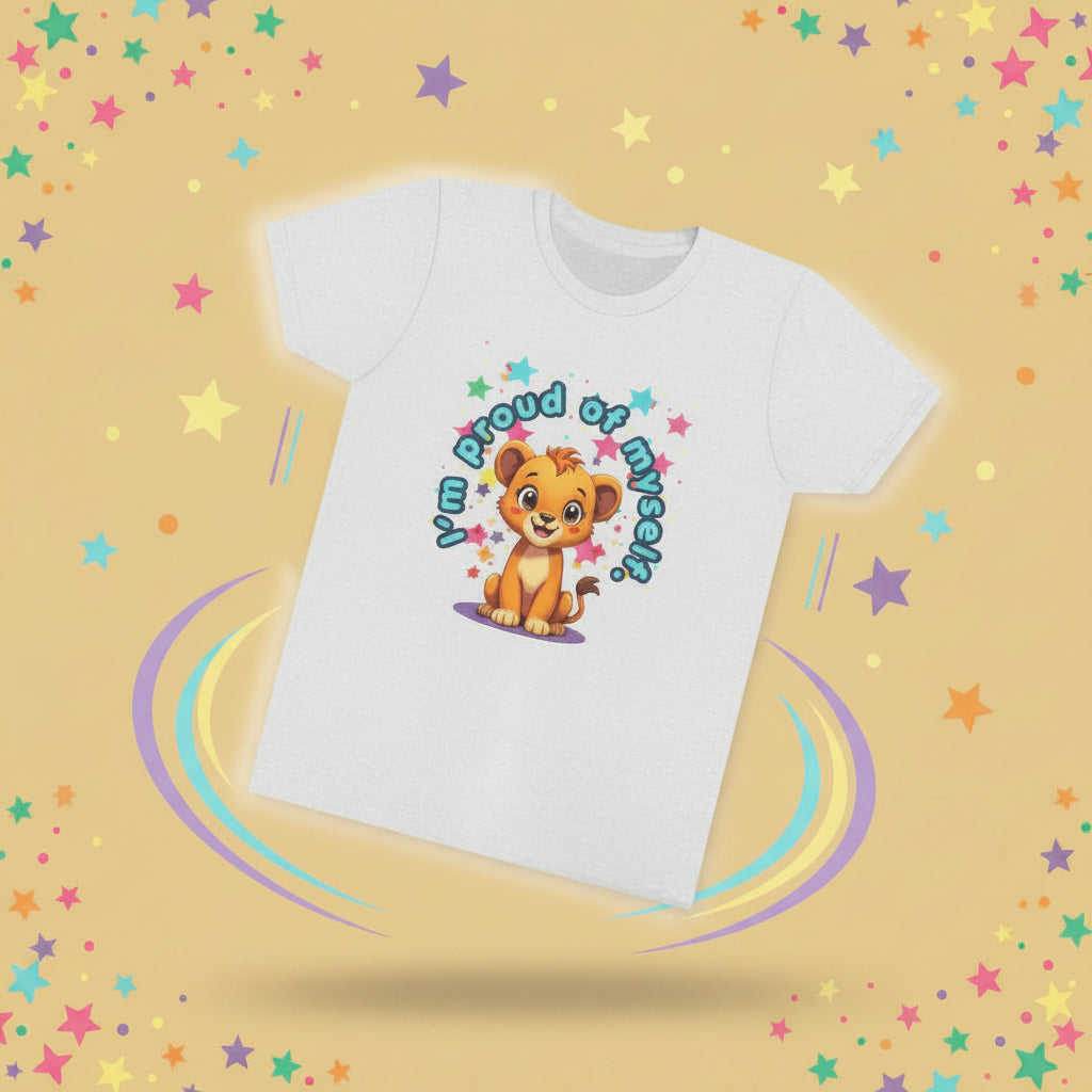 White t-shirt with a cartoon lion and text on a white background