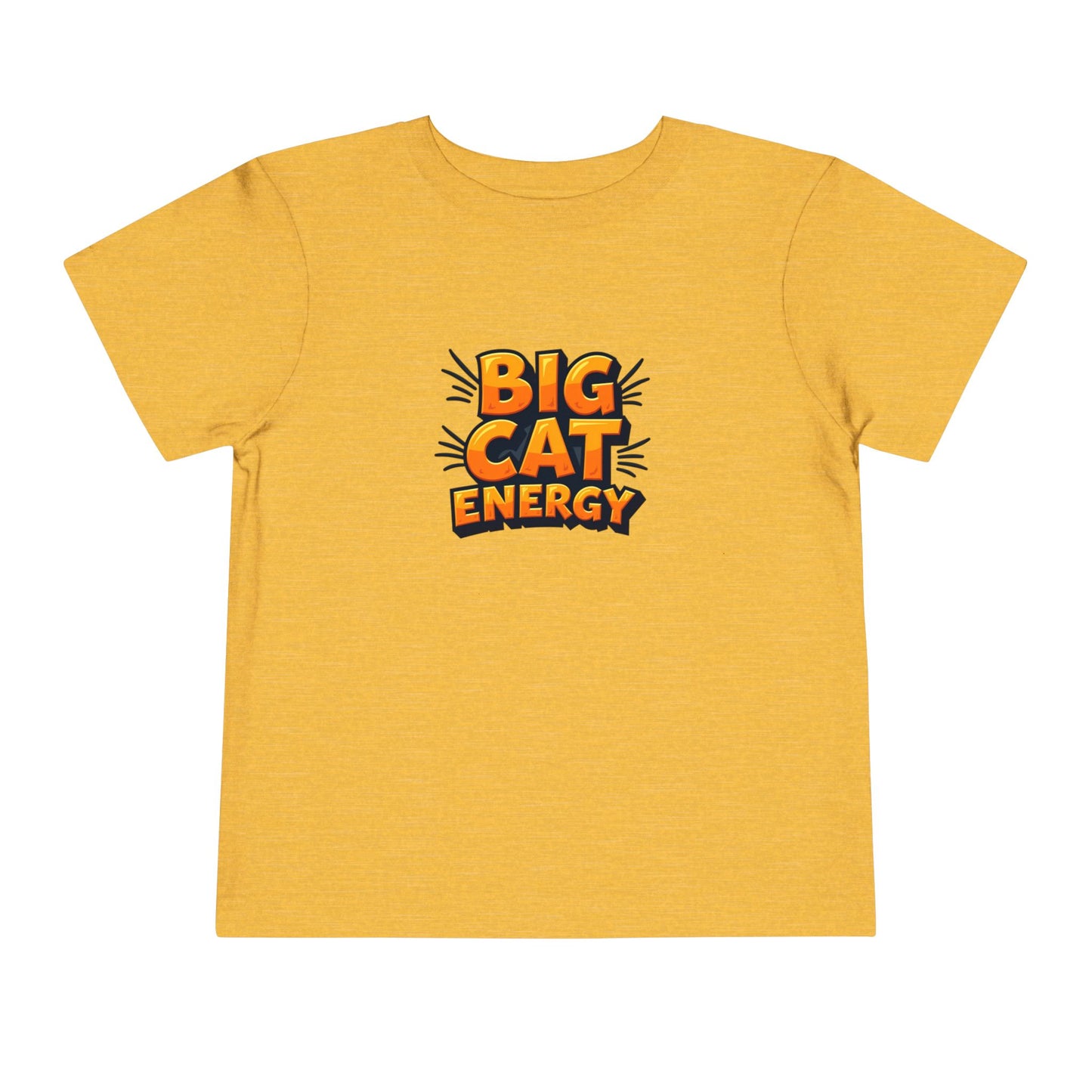 Yellow t-shirt with 'BIG CAT ENERGY' text on a white background