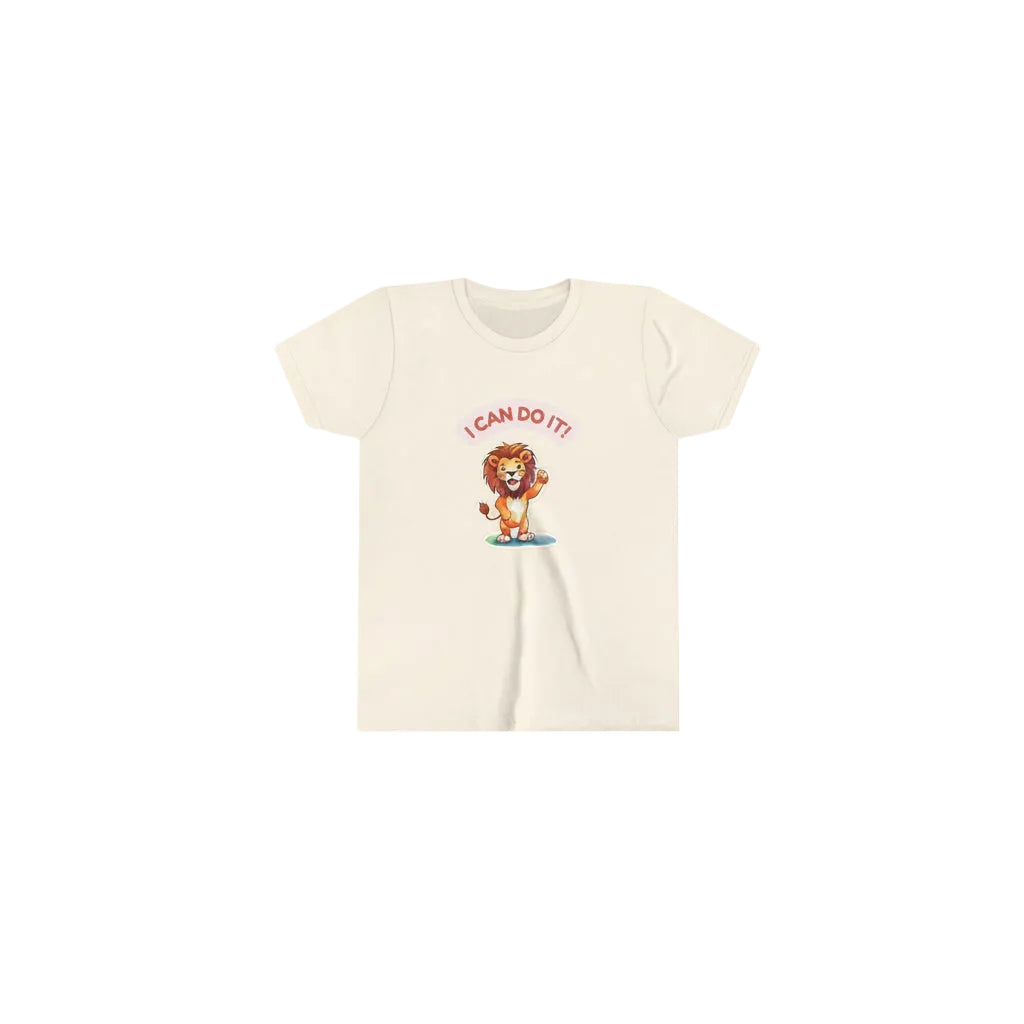 Beige t-shirt with a cartoon lion and 'I Can Do It!' text on a white background