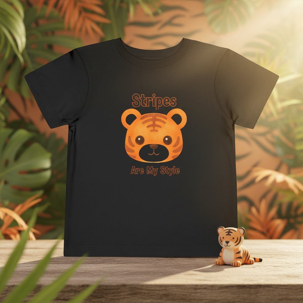 Black t-shirt with a tiger graphic and text on a white background