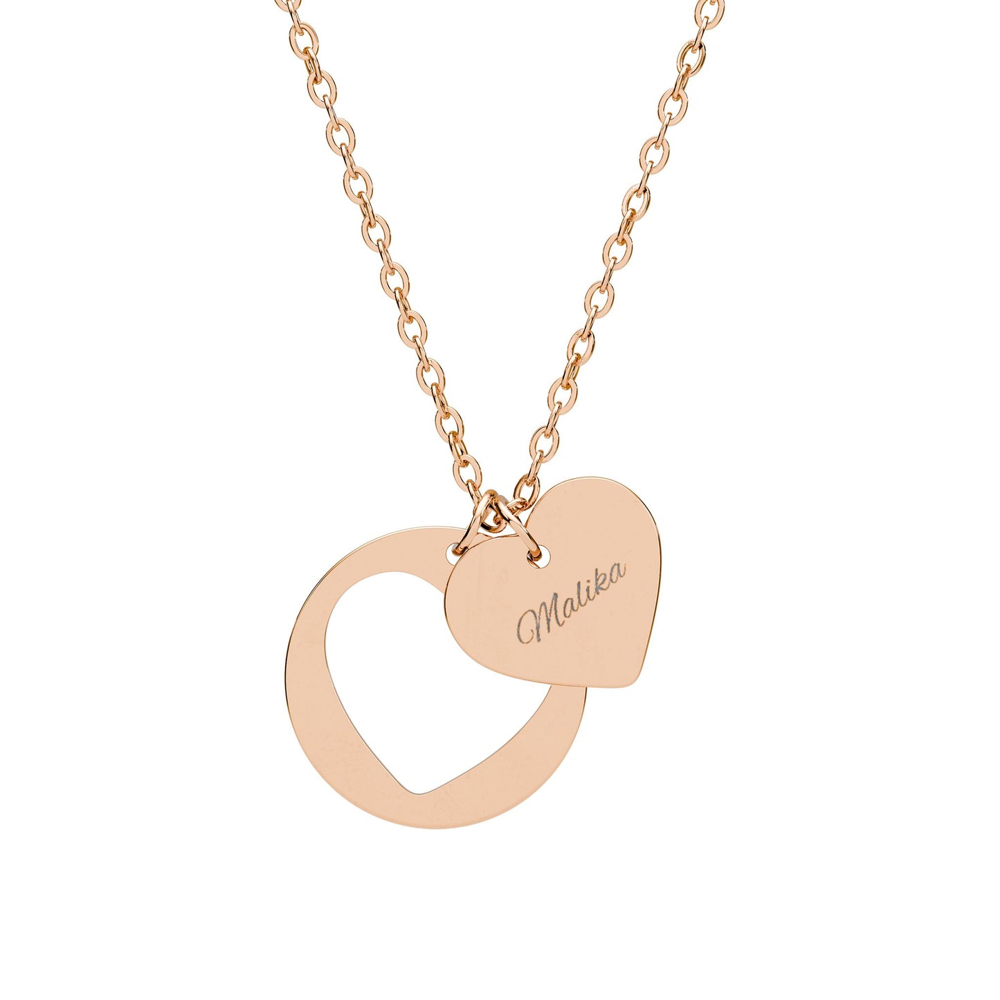 Rose gold necklace with a heart-shaped pendant on a white background