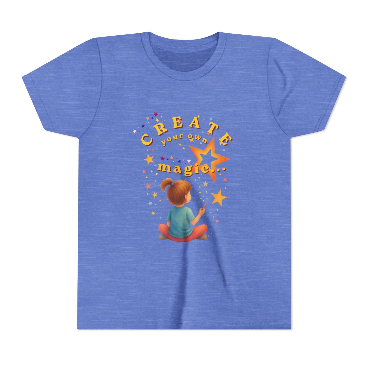 Blue t-shirt with a child drawing a star and 'Create your own magic' text on a white background
