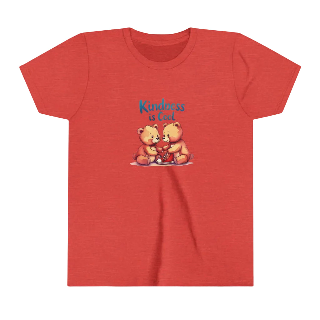 Red t-shirt with two bears holding a heart and 'Kindness is Cool' text on a white background