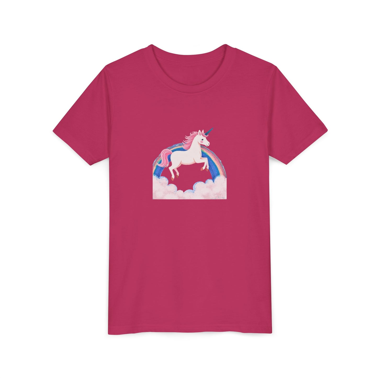 Pink t-shirt with a unicorn and rainbow design on a white background