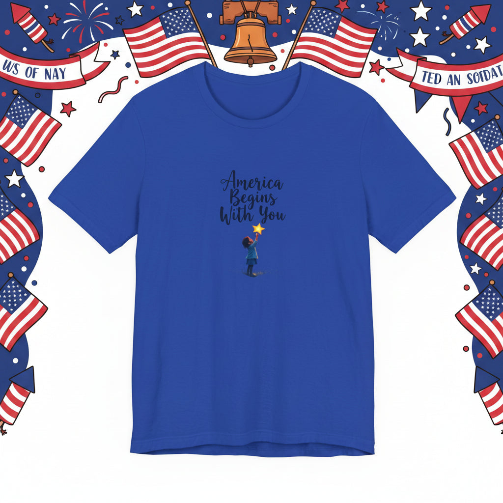 blue t-shirt with a colorful graphic design on a patriotic background