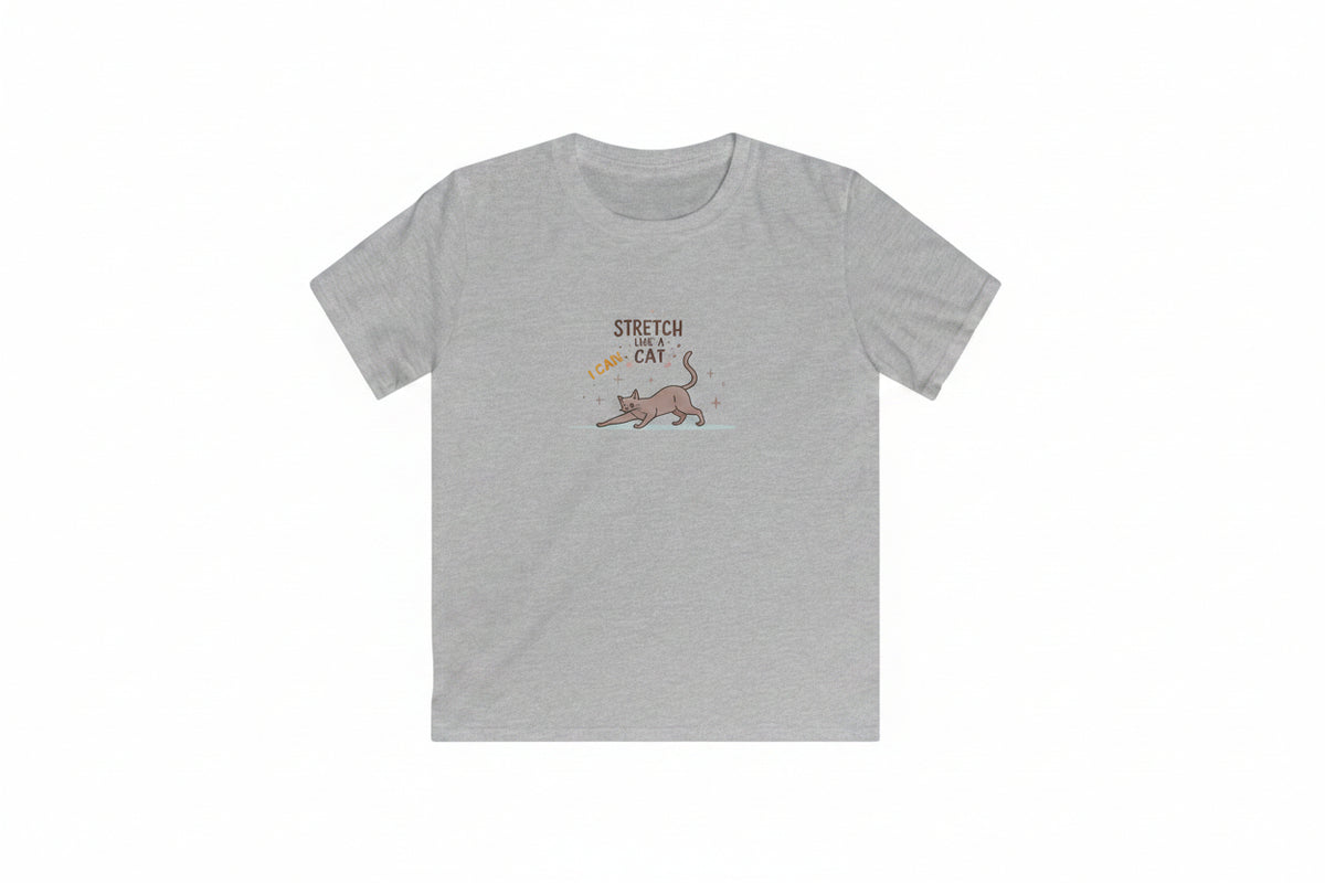 Sport grey t-shirt with a cat stretching The background shows Malika Bourne Legacy playful humor with cartoon kids and cats exercising.