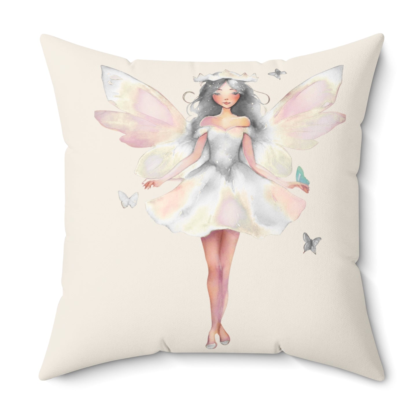 Cream Decorative pillow with a white fairy design on a white background