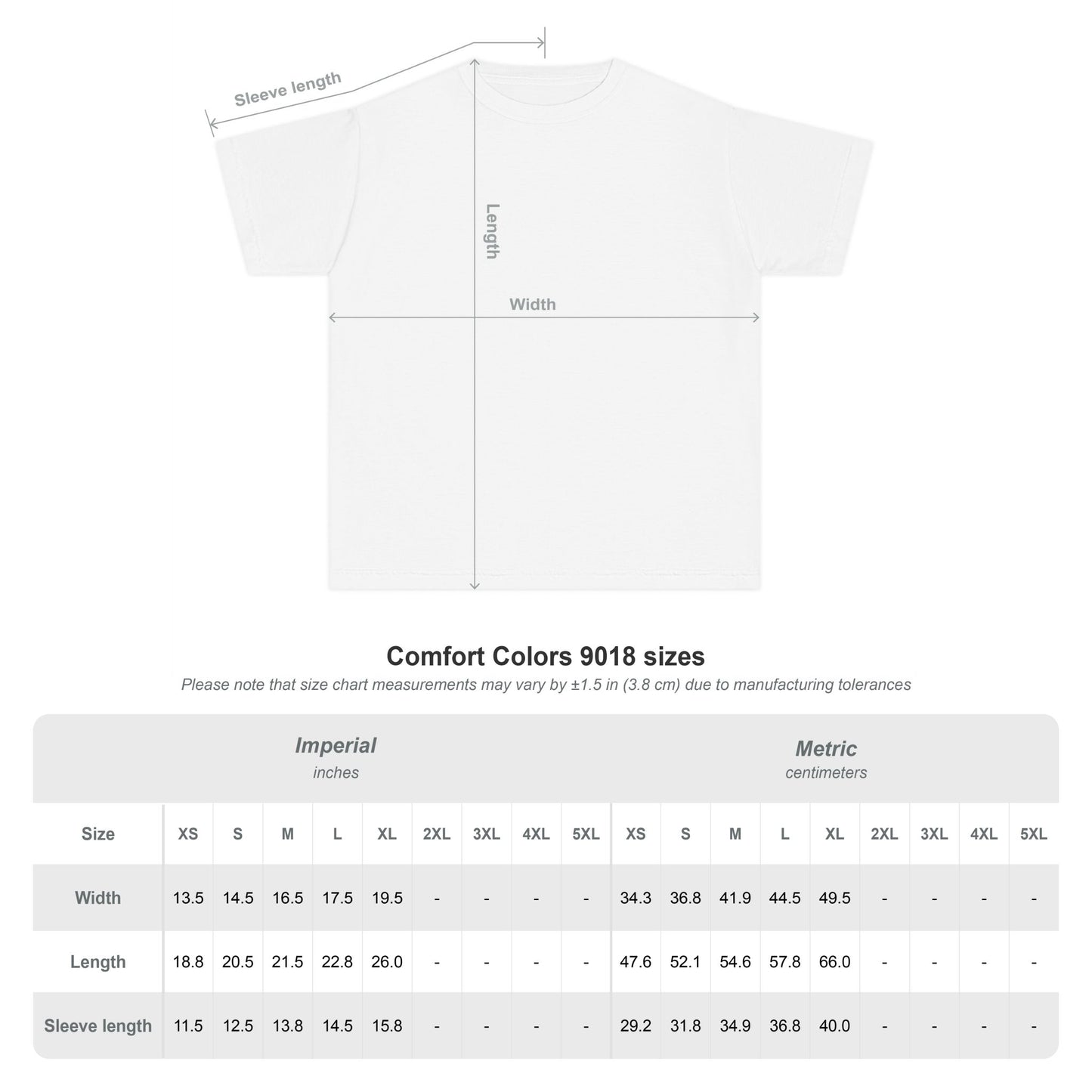 Measurement chart for a white t-shirt with dimensions labeled, including imperial and metric sizes. Glidan cahrt