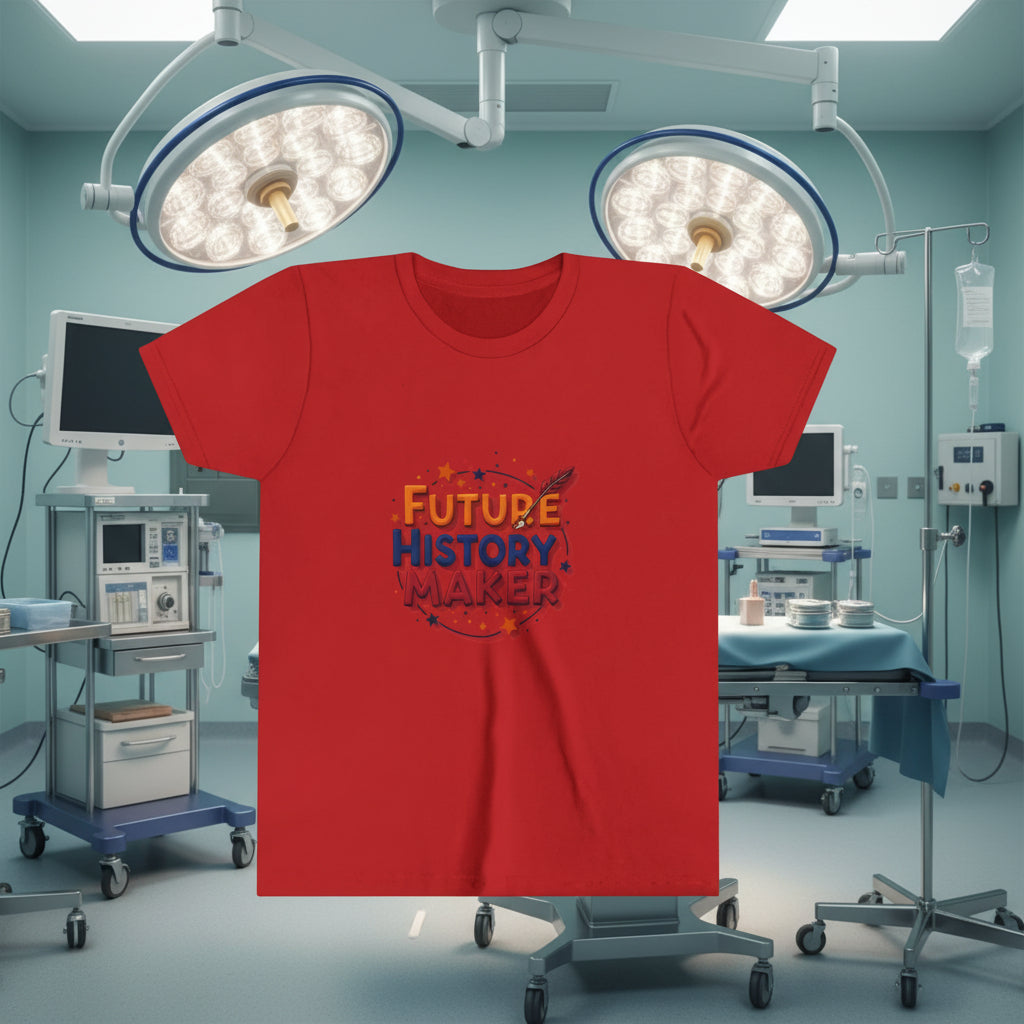 Red t-shirt with 'Future History Maker' text on a backsurgical room ground