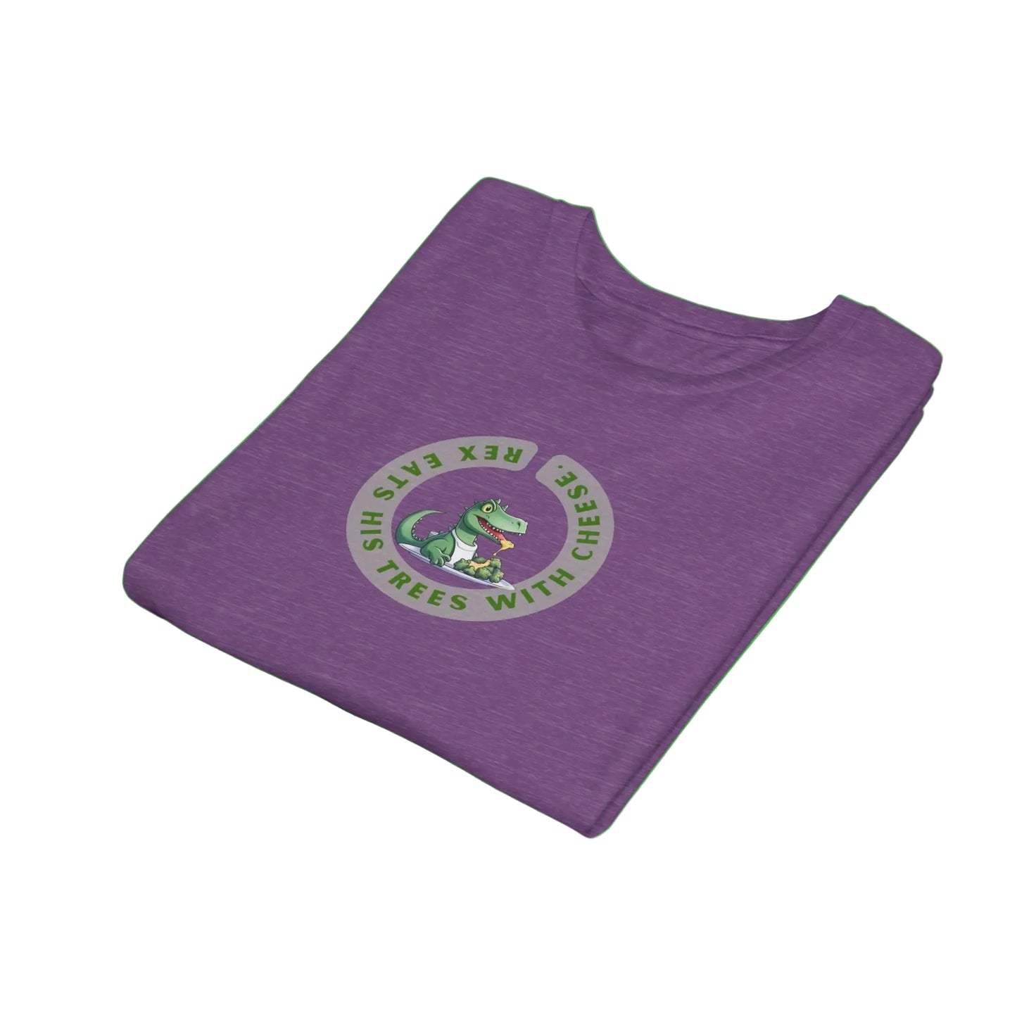 folded purple t-shirt with a circular graphic on the chest featuring a cartoon green alligator and the text 'REX EATS HIS TREES WITH CHEESE'.