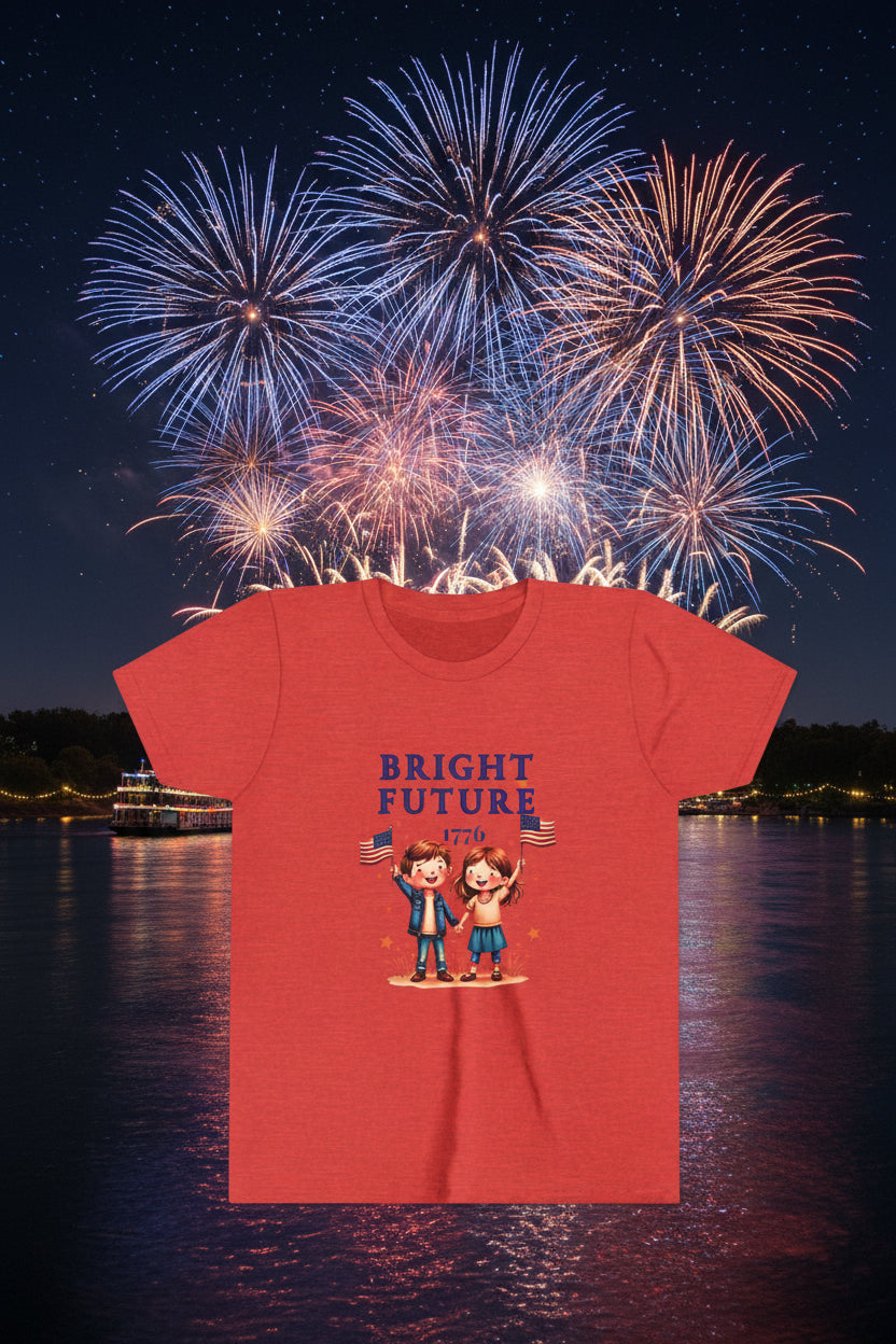 Red t-shirt with 'Bright Future 1776' design featuring two children holding flags on a American scenic view