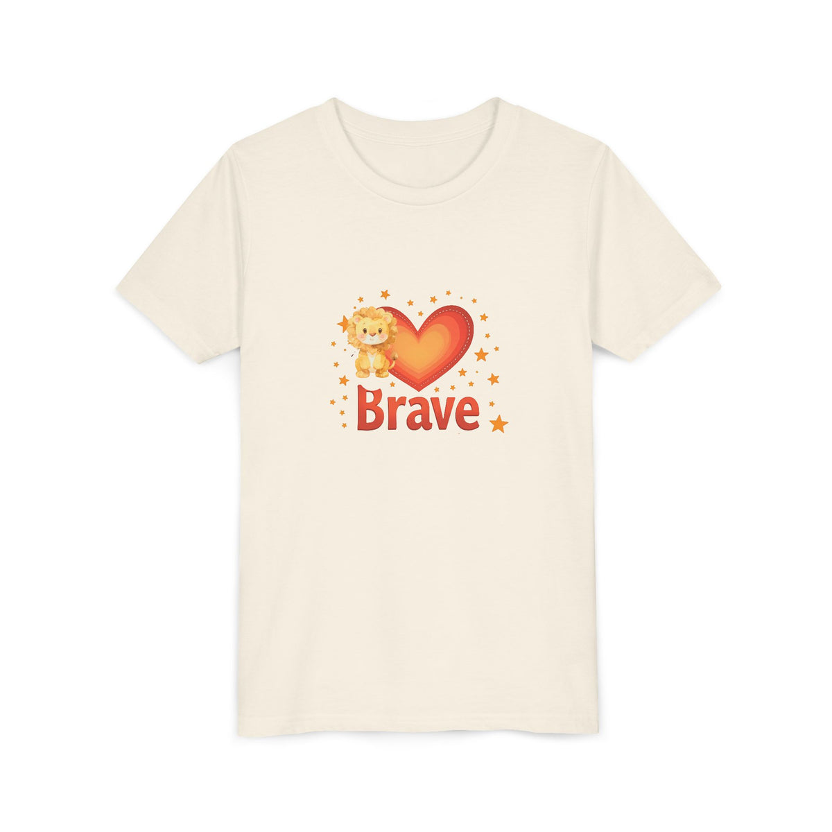 Orange t-shirt with a heart and lion graphic and 'Brave' text on a white background