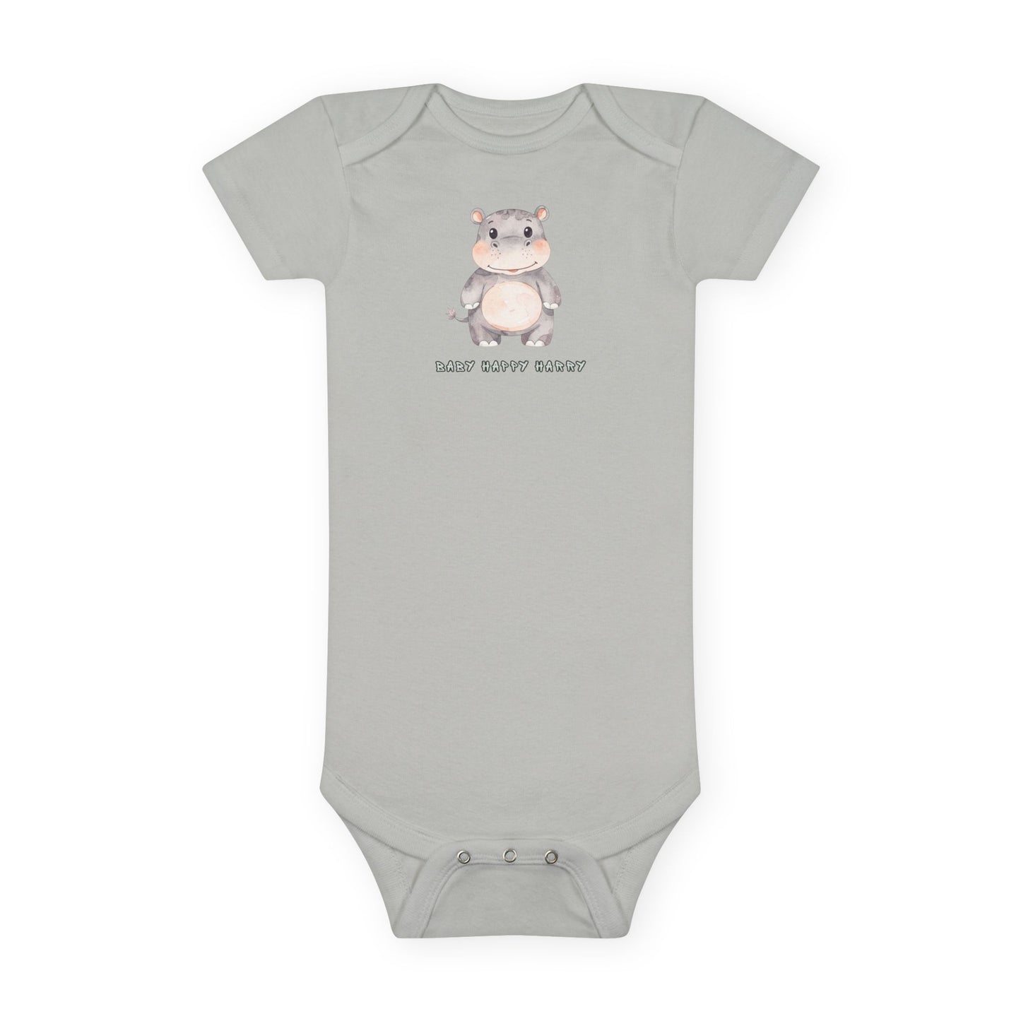 Gray baby onesie with a cartoon hippo design on a white background