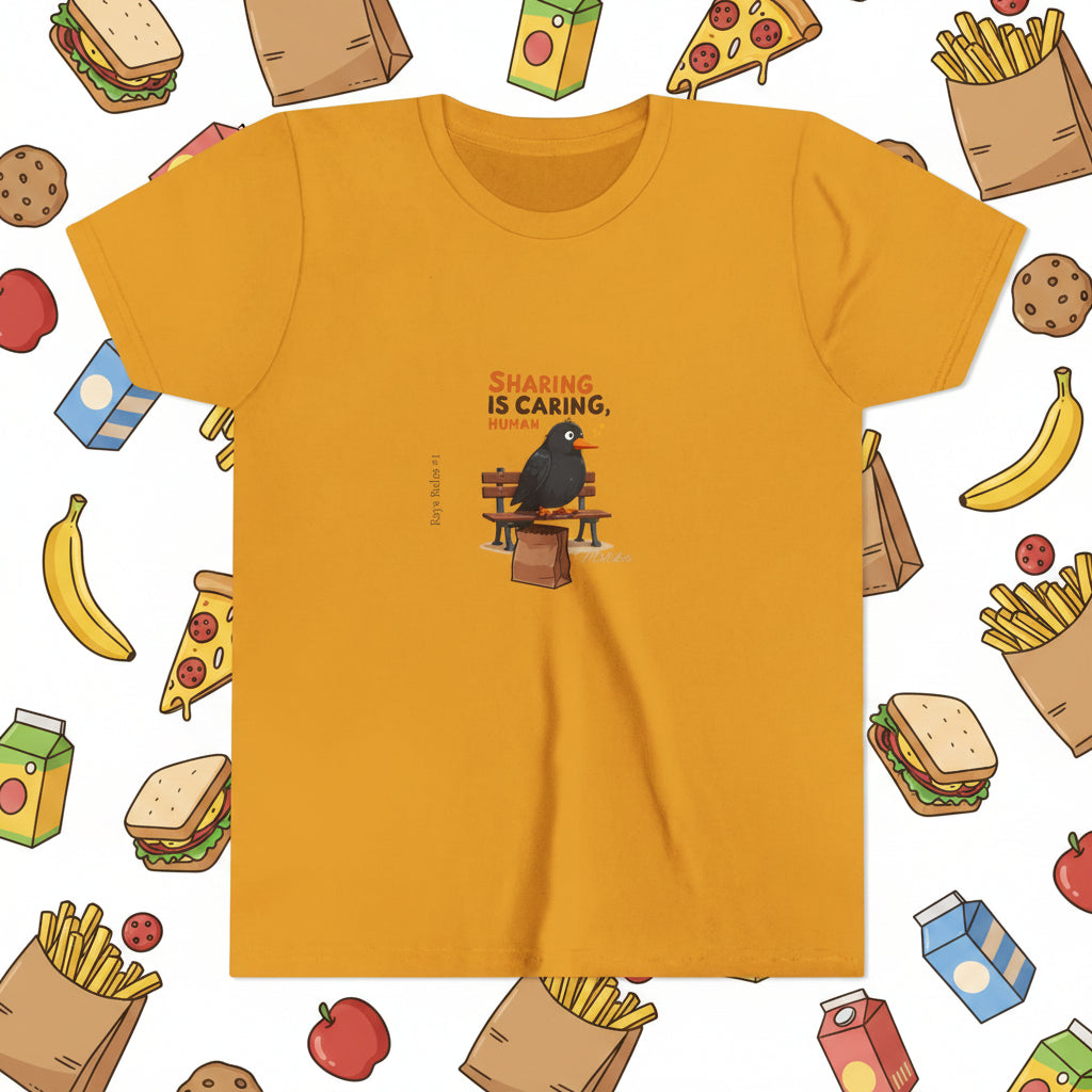 Yellow t-shirt with a graphic of a storybook crow, Ray, pan handling for food and text 'Sharing is Caring' on a cartoon background