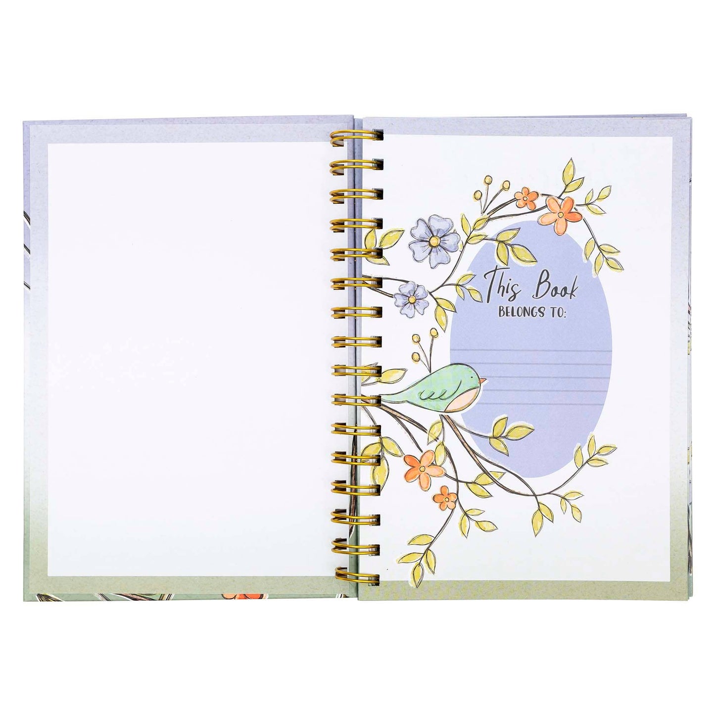 Open notebook with floral design and 'This Book Belongs To' text on a white background coyright