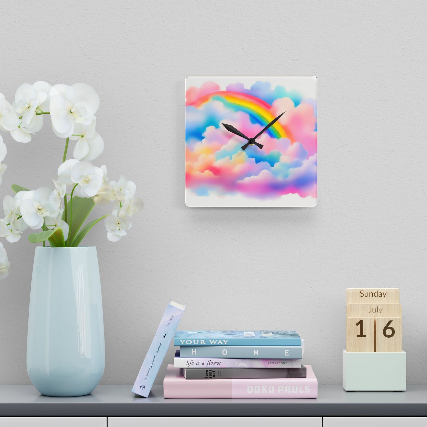 Acrylic Wall Clock — Pastel Rainbow Clouds Home Decor