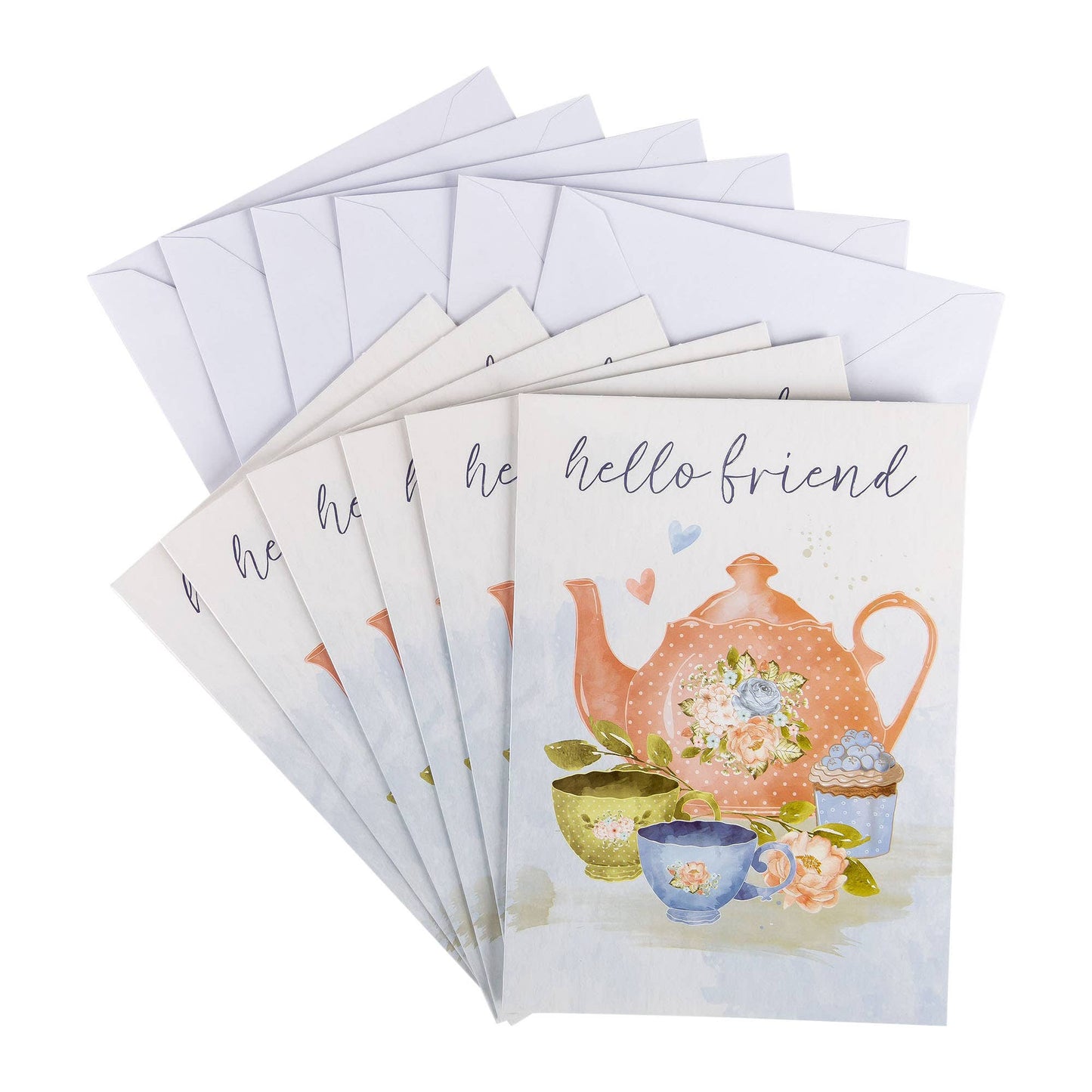 Set of greeting cards with teapot and cup illustrations and 'hello friend' text.