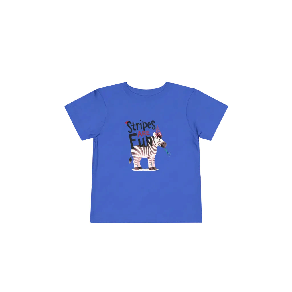 Whimsical zebra with party hat and blower under the words ‘Stripes Are FUN’ on a blue toddler tee. Zebra-themed classroom