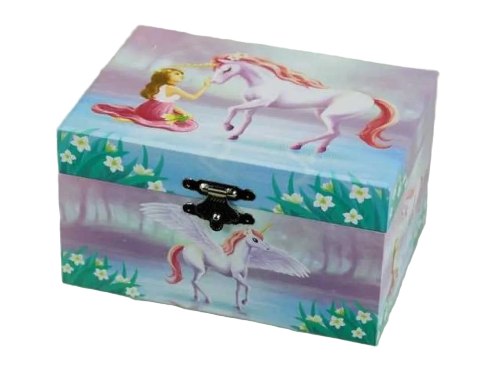 Children's jewelry box with unicorn and fairy design on a light background