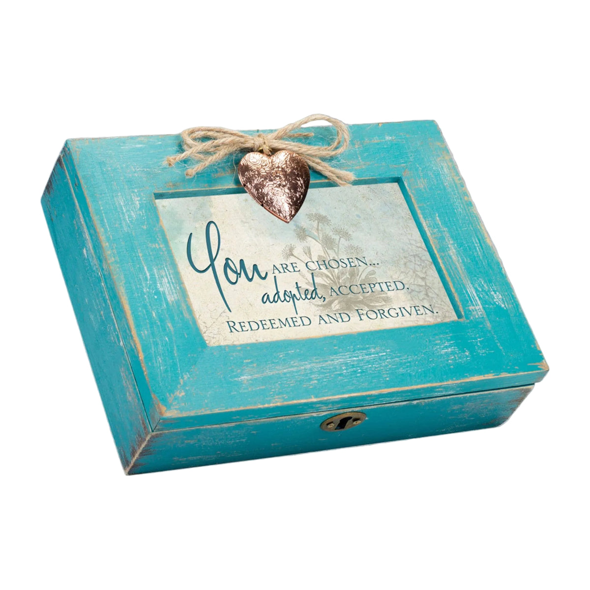 Turquoise wooden box with motivational quote and heart-shaped tag on a gray textured background