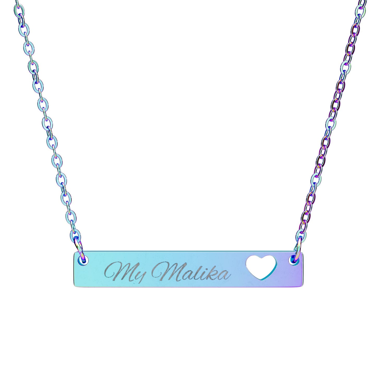 Necklace with a bar pendant featuring engraved text and a heart cutout on a white background