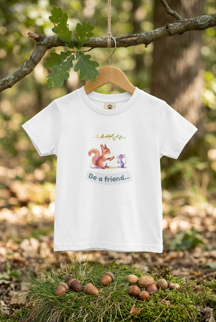 Kids’ ‘Be a Friend’ affirmation tee with squirrel and mouse illustration hanging on a wooden hanger against a forest background. White t-shirt with a cartoon squirrel and mouse design and 'Be a friend' text
