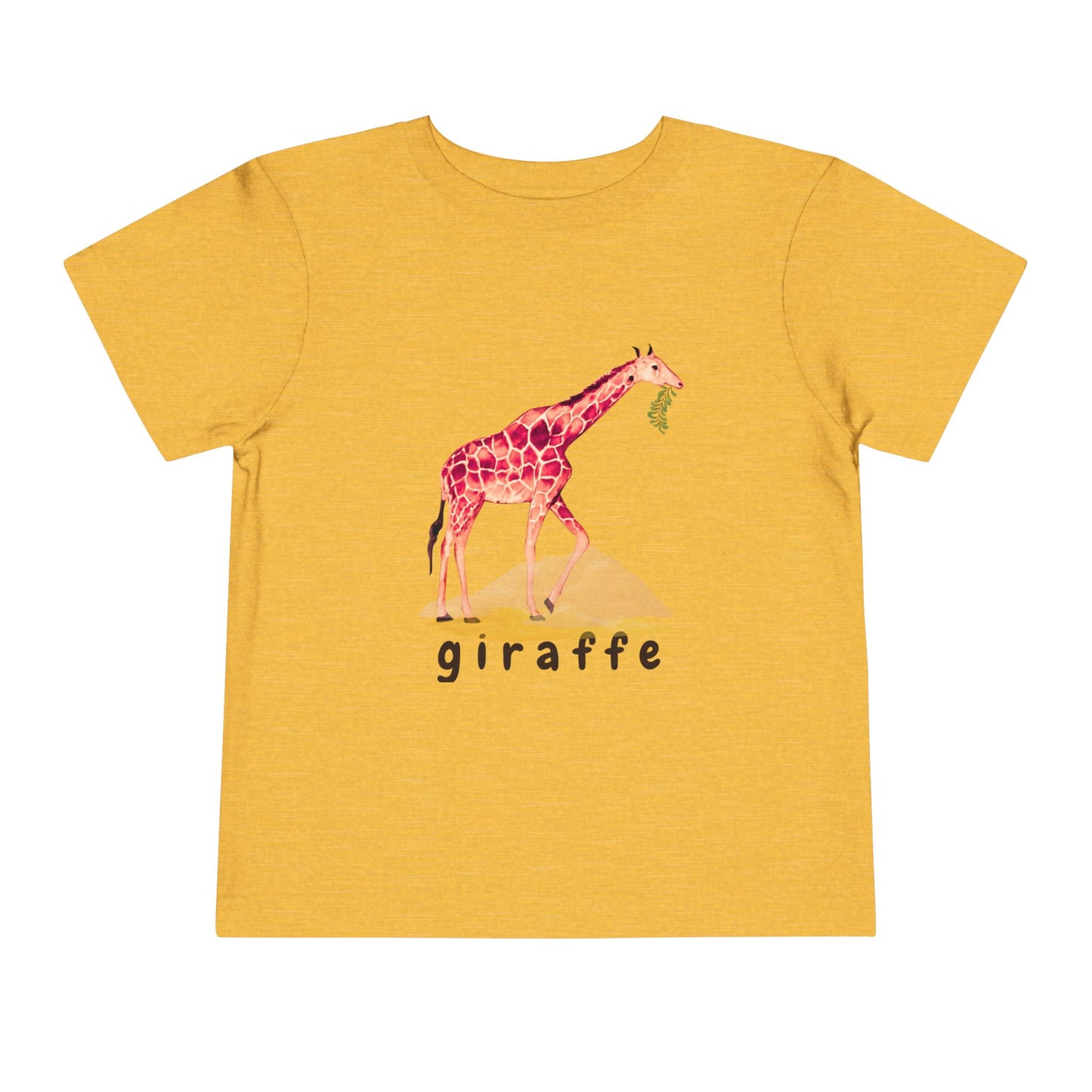 Yellow t-shirt with a giraffe graphic and the word 'giraffe' on a white background