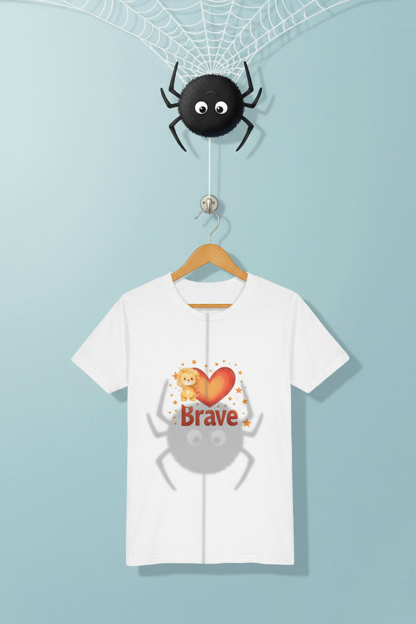 White t-shirt with a teddy bear holding a heart and 'Brave' text on a white background