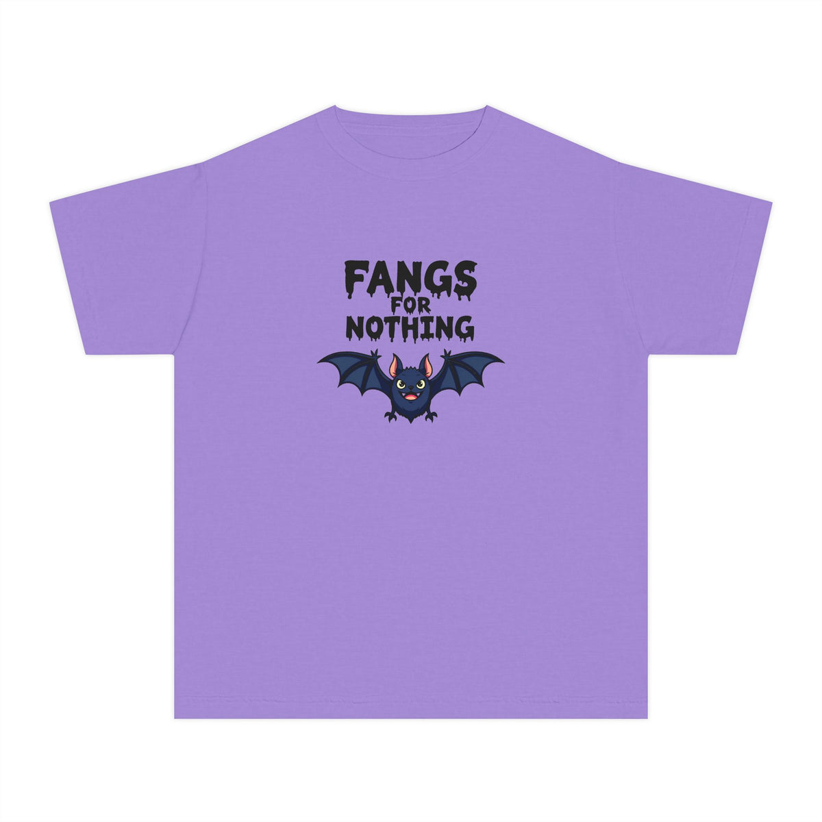 A light purple short-sleeve t-shirt with a graphic on the chest that reads 'FANGS FOR NOTHING' in black above a cartoon bat in black and pink, shown on a plain white background.