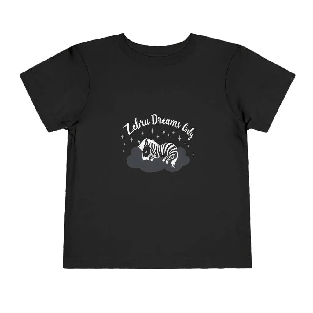 Black t-shirt with a zebra graphic and 'Zebra Dreams Only' text on a white background