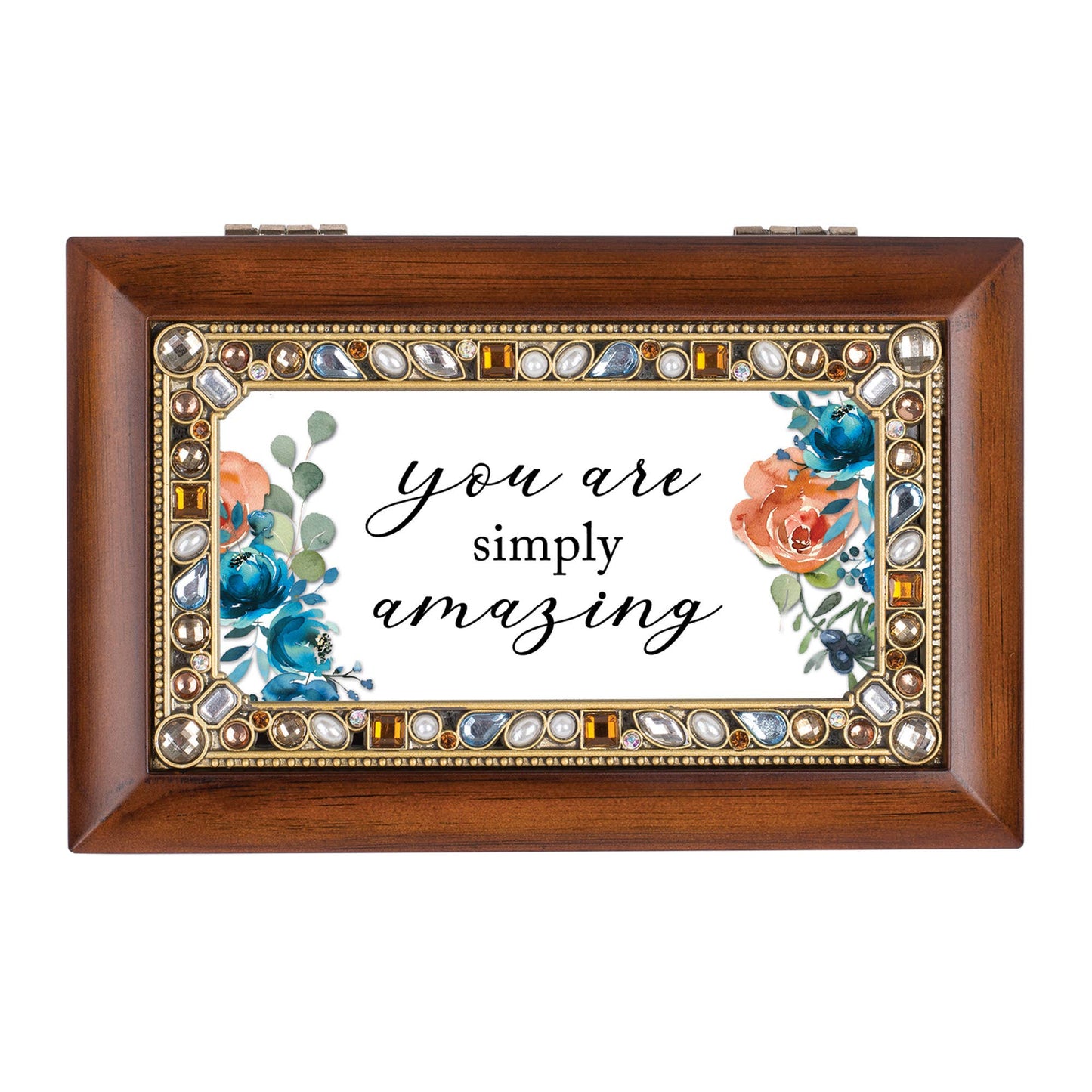 Wooden jewelry box with decorative frame and floral design, featuring the text 'you are simply amazing'.