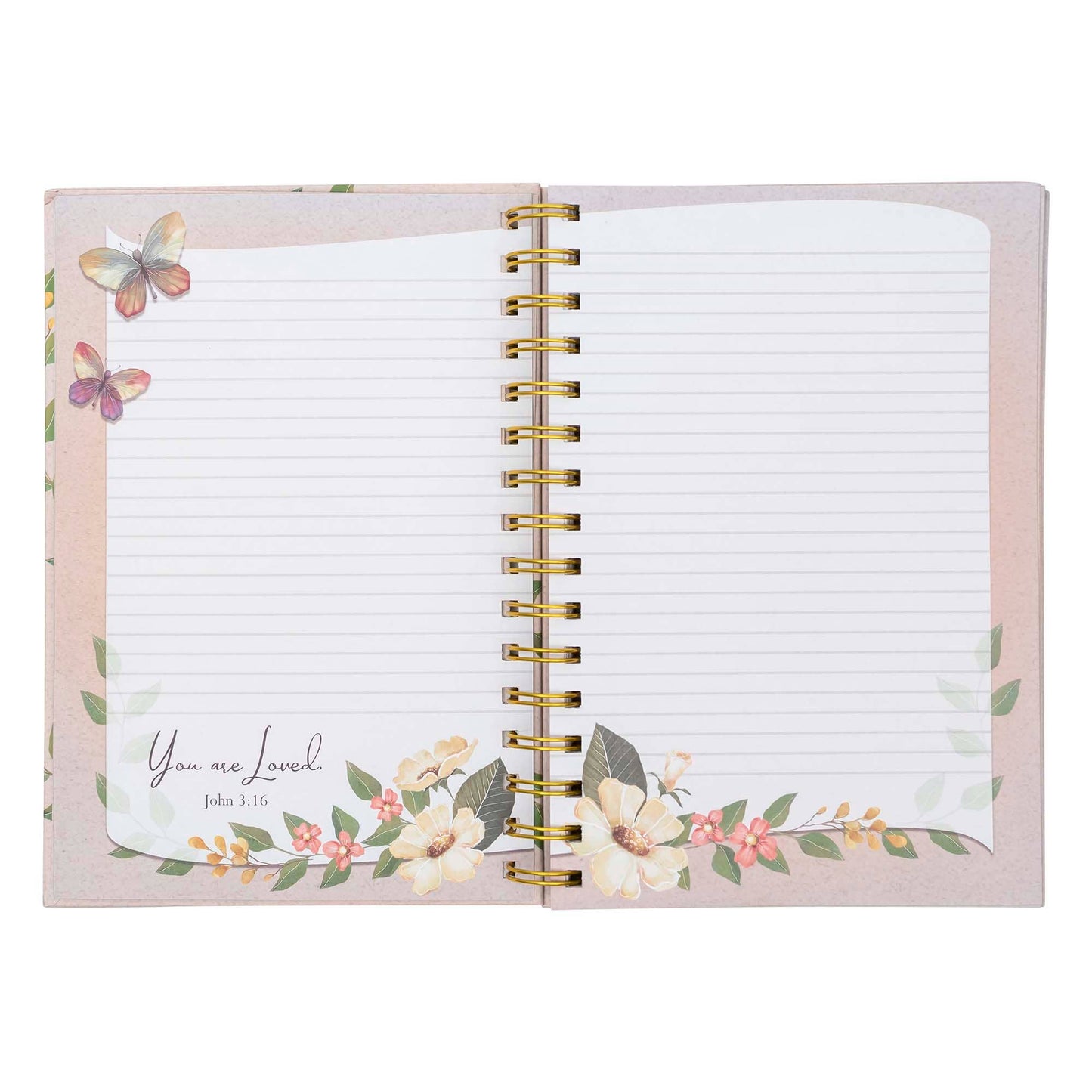 Open notebook with floral and butterfly design on a white background