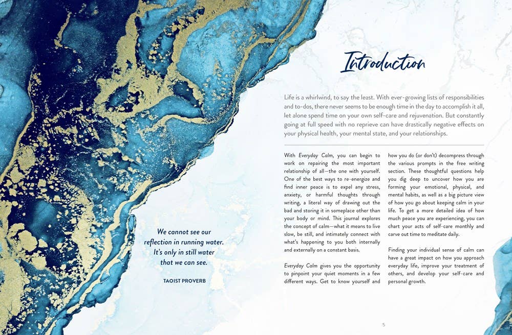 Book page with blue and gold abstract design on the left and text on the right.