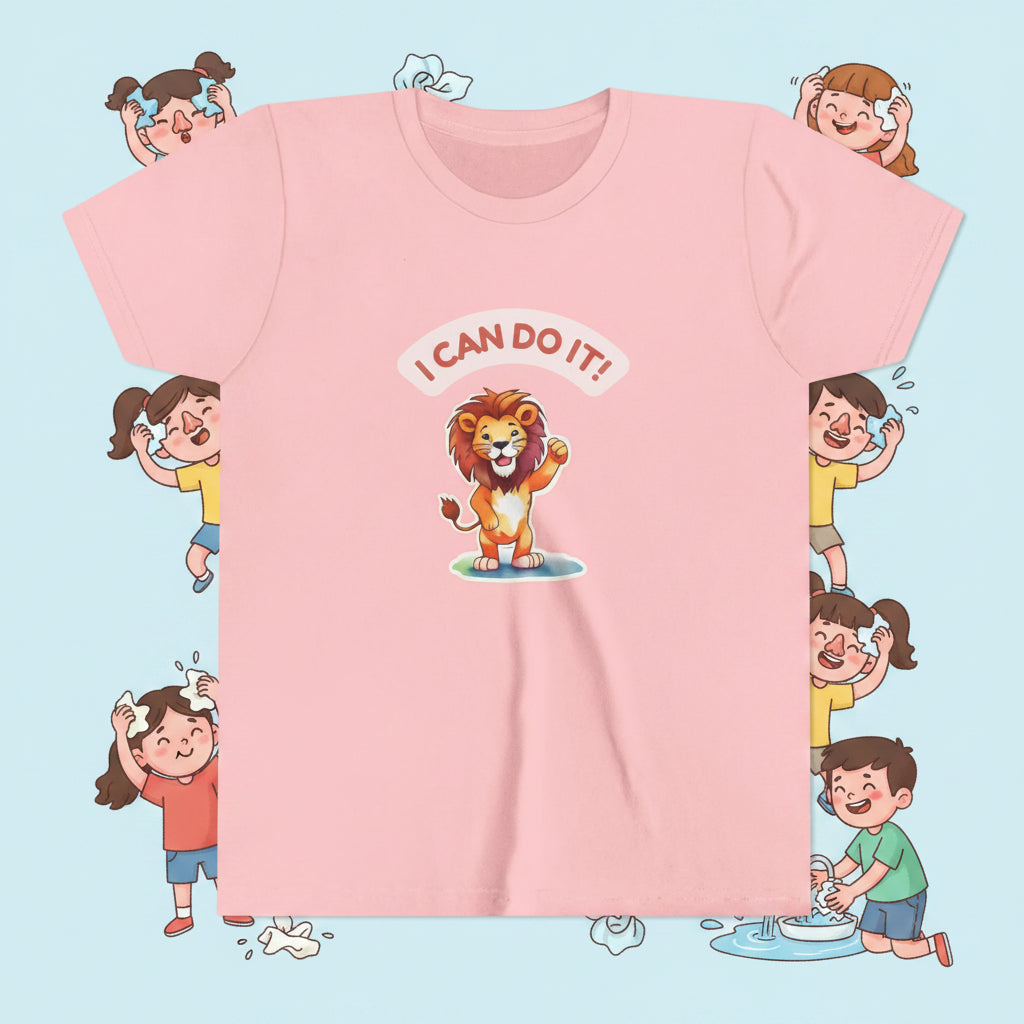 Pink t-shirt with a cartoon lion and 'I CAN DO IT!' using tissue for nose washing hands white background