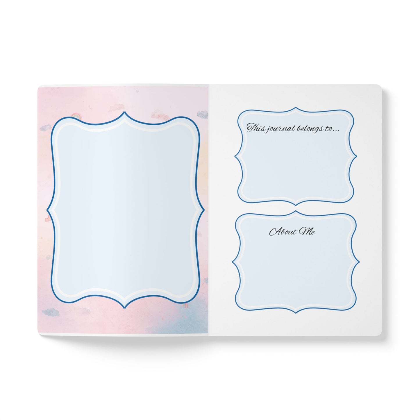 Journal with blue placeholder text on a pastel gradient background