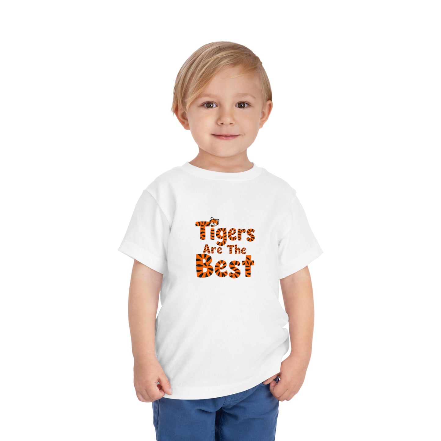 Child wearing a white t-shirt with 'Tigers Are The Best' text on a white background. AI model.