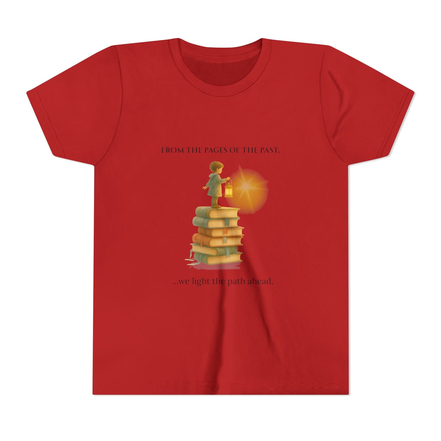 Red t-shirt with a graphic of a child standing on books and a light bulb, with text above and below.