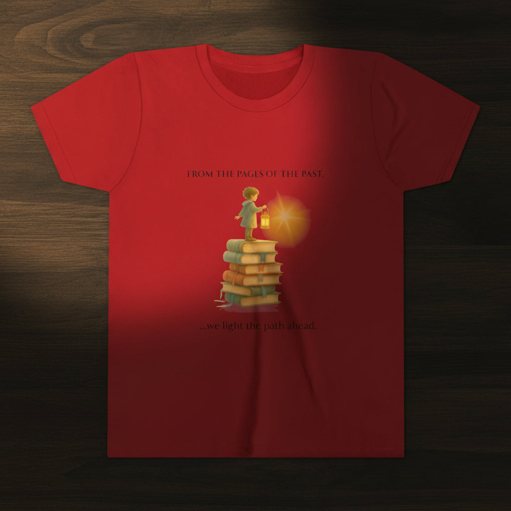 Red t-shirt with a graphic of a child standing on books and a light bulb, with text above and below.