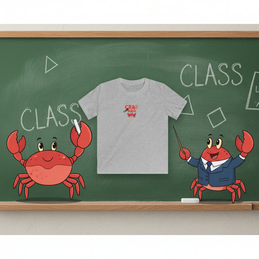A heather gray short-sleeve t-shirt with a graphic on the chest that reads 'I can CRAB WALK' in red and black text above a small red crab illustration, displayed on a solid white background.