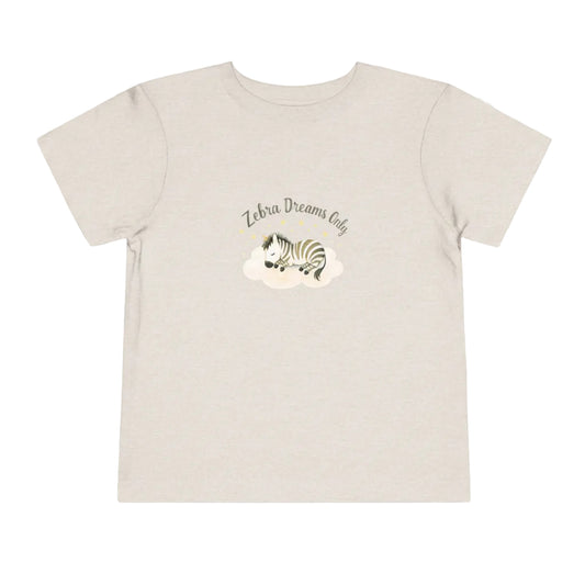 Beige natural t-shirt with zebra graphic and 'Zebra Dreams Only' text on a white background
