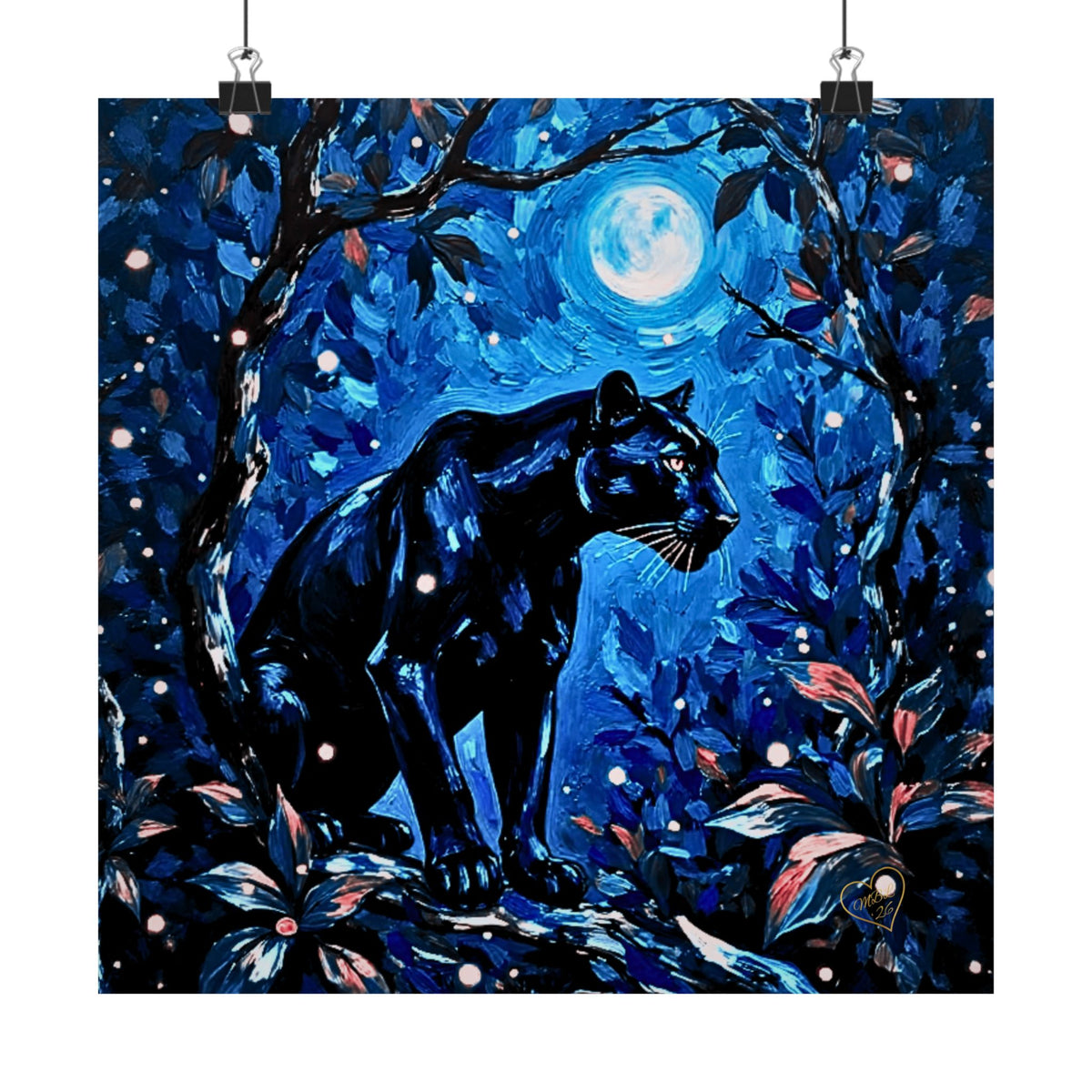 Painting of a black panther in a forest with a full moon