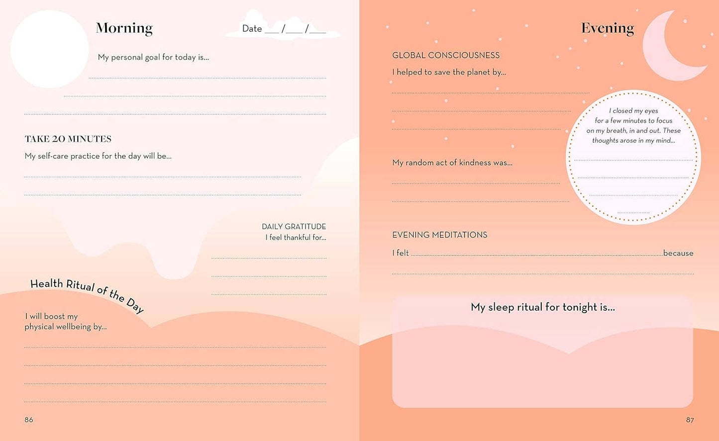 Morning and evening journaling template with a soft peach gradient background.