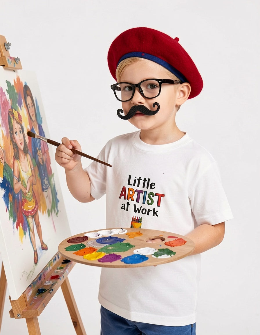 A child artist dressed in a French beret and goofy gag glasses and plastic mustache holds a pallete with paint and paint brush pretending to paint a portrait on an art easel