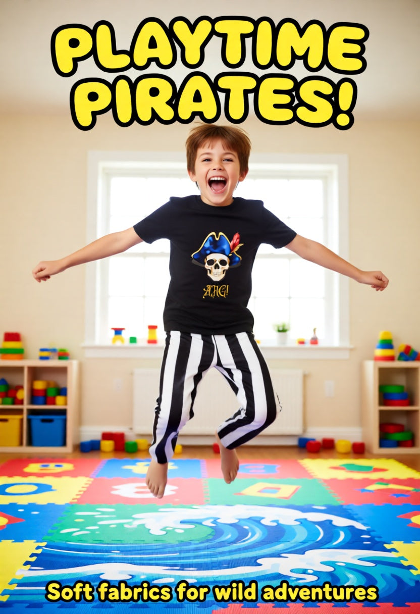 Kids black‑and‑white striped pants with a slight wiggle pattern for a playful pirate look. Text: Playtime Pirates!
