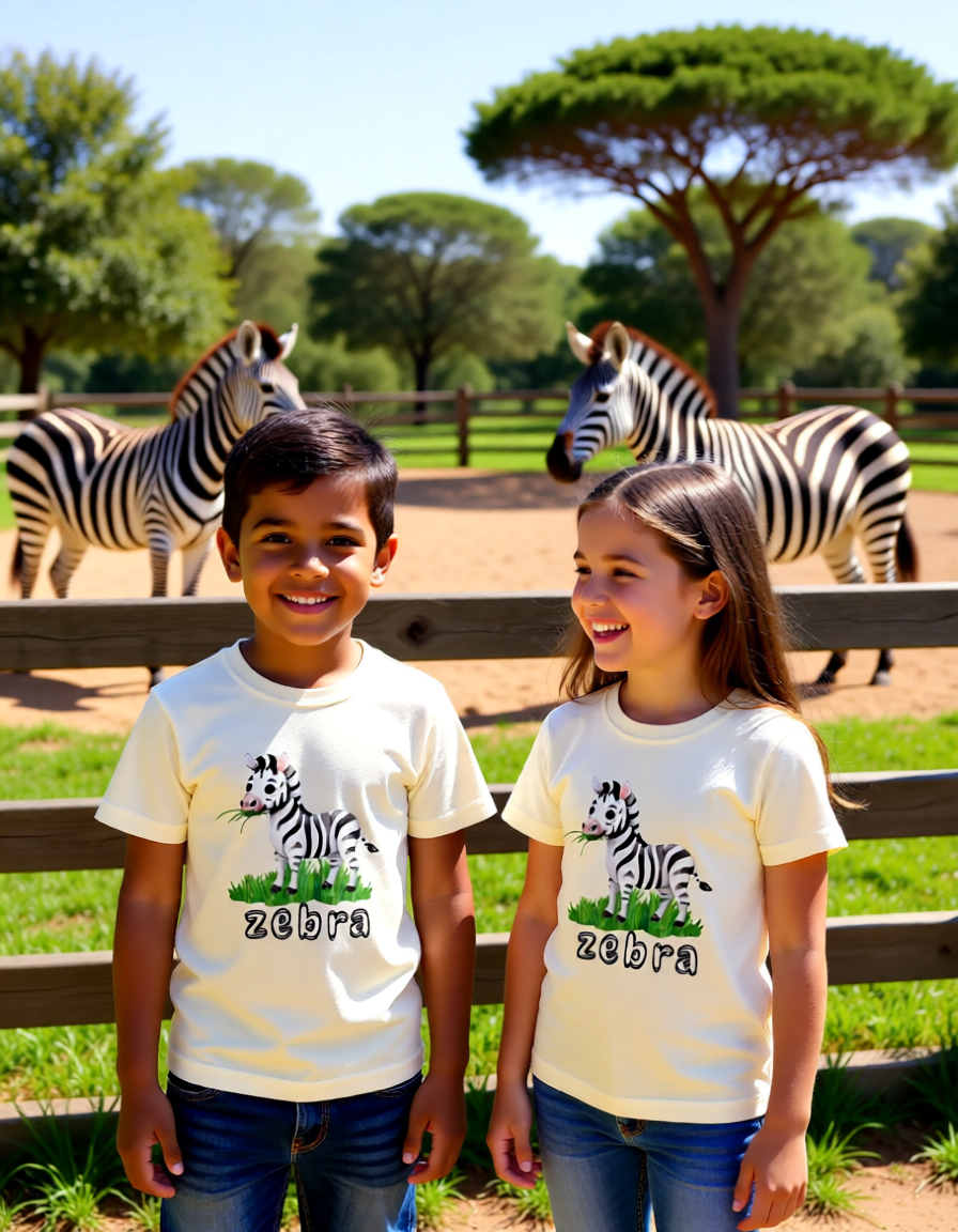 Two children wearing t-shirts with zebra designs in front of zebras at a zoo.