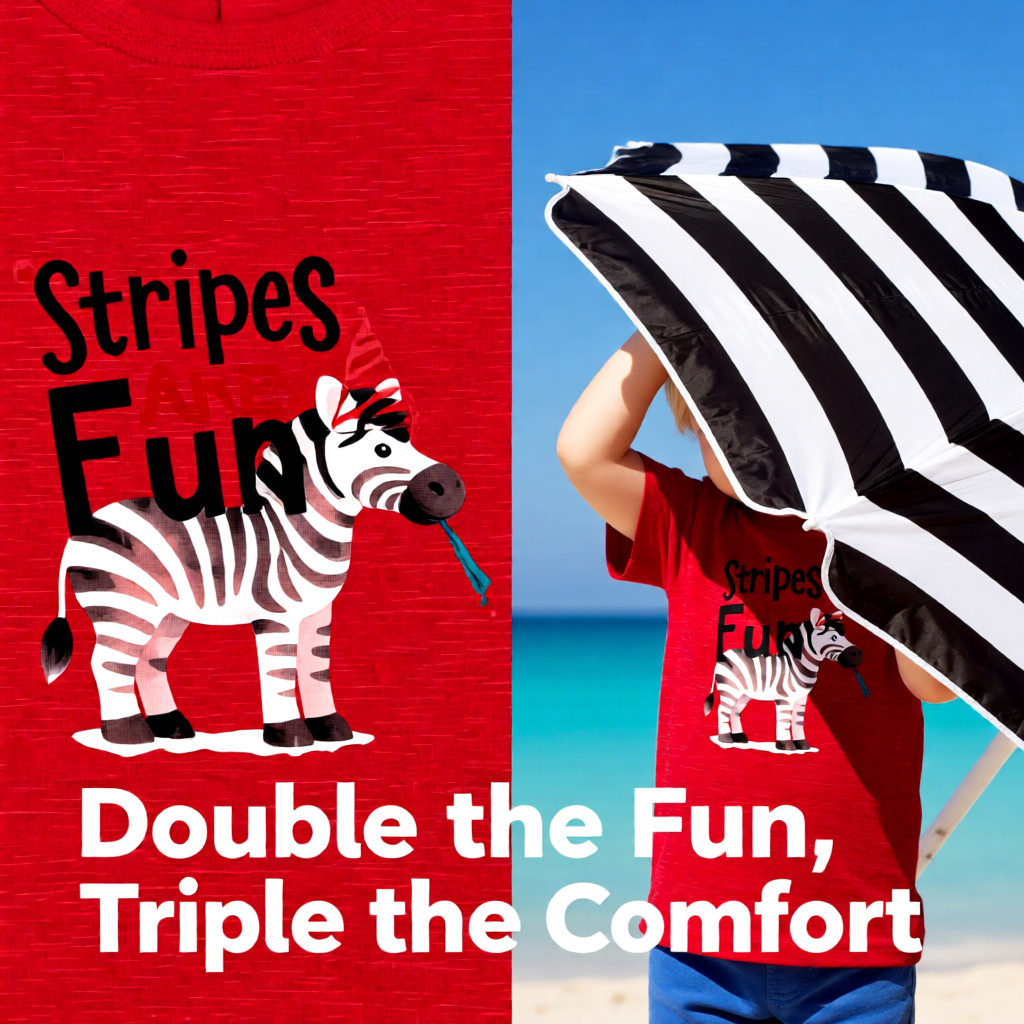Red t-shirt with zebra design and text 'Stripes Fun' on a beach.