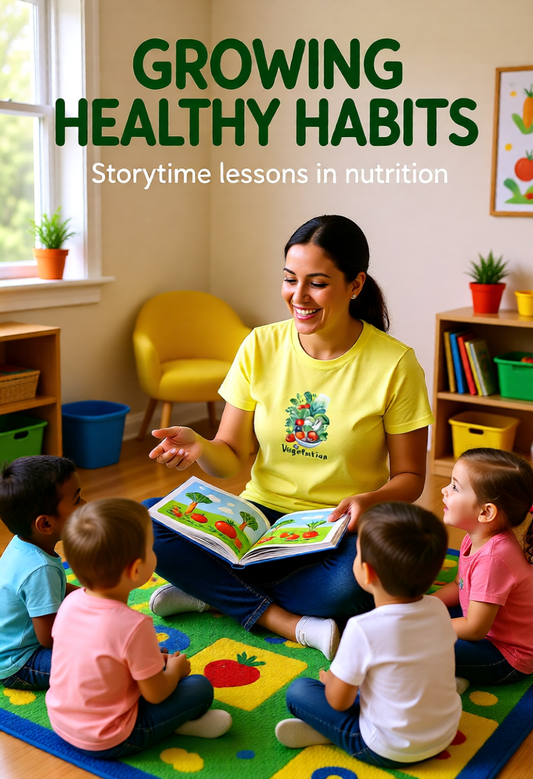Teacher in front of young class room wearing a yellow tee with vegetable printed. Growing healthy habits.