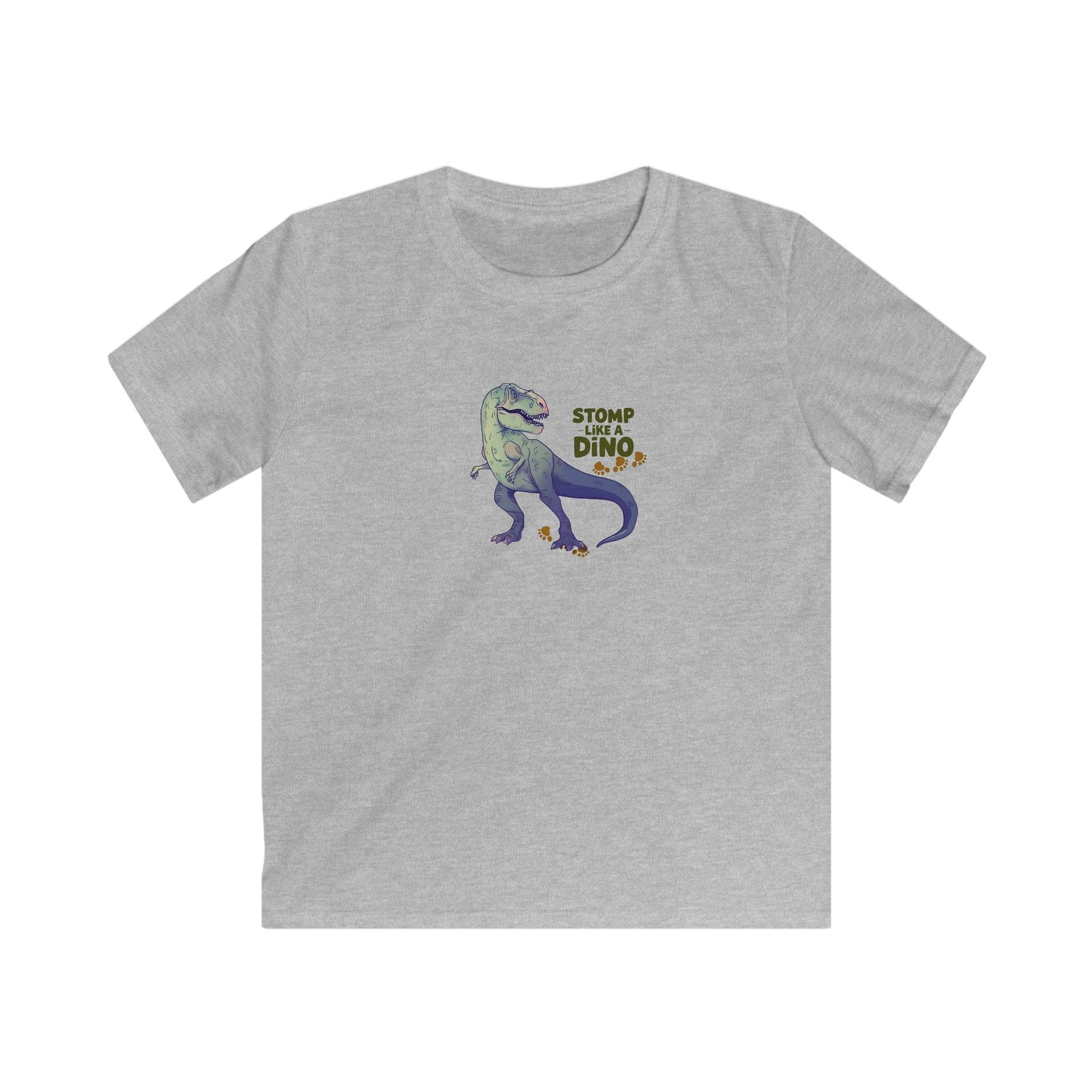 A heather gray short-sleeve crewneck t-shirt featuring a cartoon graphic of a purple and green dinosaur with the text 'STOMP LIKE A DINO' printed on the chest.