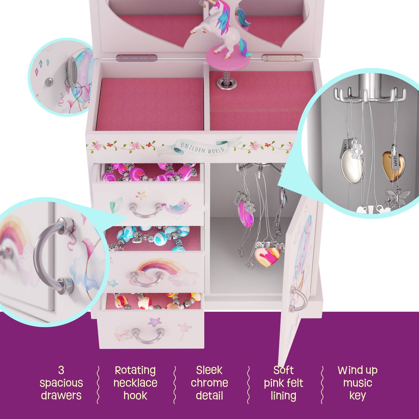 Unicorn Keepsake Musical Jewelry Box – 3 Drawers & Spinning Figurine